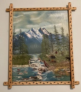 Hand Painted A GOOD DAYS HUNT Framed Water Catskills NY USA Mountains Scene EUC - Picture 1 of 4