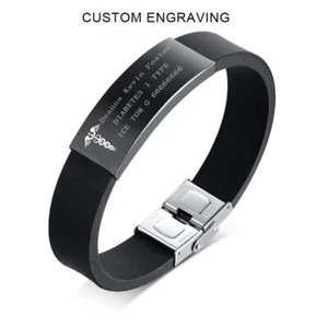 Black Medical Alert ID Men's Bracelet Silicone Wristband Personalized Engraving - Picture 1 of 19