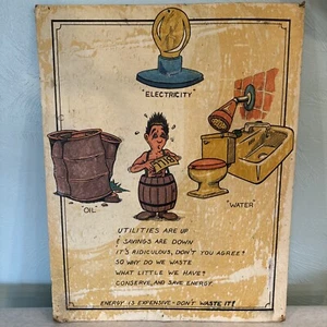 Vintage Energie sparen Schild Plakat Naturschutz Versorgungsunternehmen Öl Wasser Original WWII - Bild 1 von 8