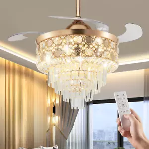 42" Crystal Invisible Ceiling Fan Light Dining Room Chandelier Lamp With Remote - Picture 1 of 16