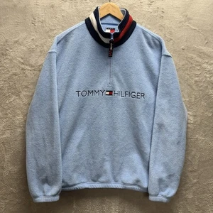 Vintage Tommy Hilfiger 1/4 Zip Fleece Pullover Jacket Baby Blue Spell Out Large - Picture 1 of 9