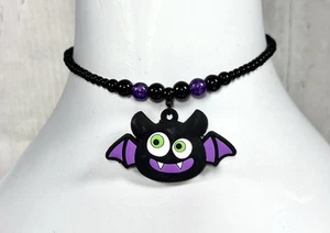Black Purple Beaded String Choker Necklace Cute Bat Pendant Charm Goth Pagan - Picture 1 of 3