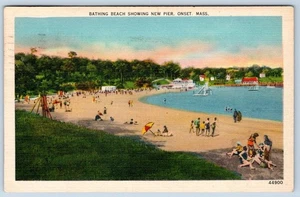 Postal de lino vintage de Massachusetts 1941 Bathing Beach nuevo muelle - Imagen 1 de 2