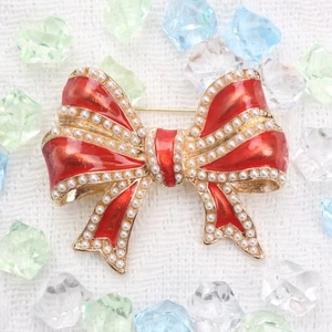 Broche lazo rojo vintage joyería con perlas: accesorio retro, regalo perfecto - Imagen 1 de 5