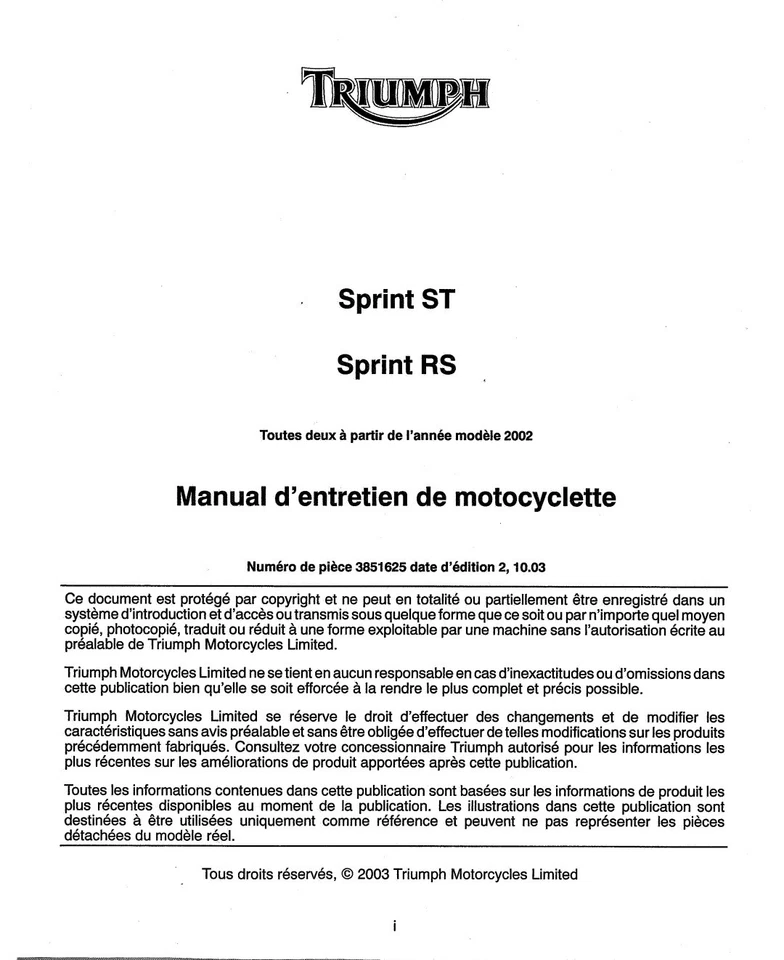 MANUALE OFFICINA REVISIONE RIPARAZIONE PDF TRIUMPH 955i SPRINT - Immagine 1 di 1