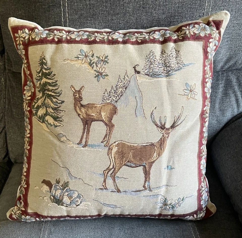 Hines of Oxford Tapestry Pillow, 2 Reindeer 18 X 18 W/Velvet Back - Image 1 of 4