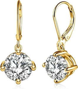 2Ct Round Lab Created Diamond Dangle Leverback Earrings 14K Yellow Gold Plated - Picture 1 of 9