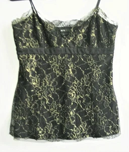 BCBG Max Azria Babydoll Tirantes Negro Top Dorado Encaje Metálico M Hada Gótico Vacaciones - Imagen 1 de 7