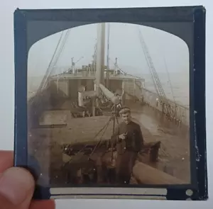 Antique Glass Magic Lantern Slide - Man Onboard Ship at Sea - Picture 1 of 1
