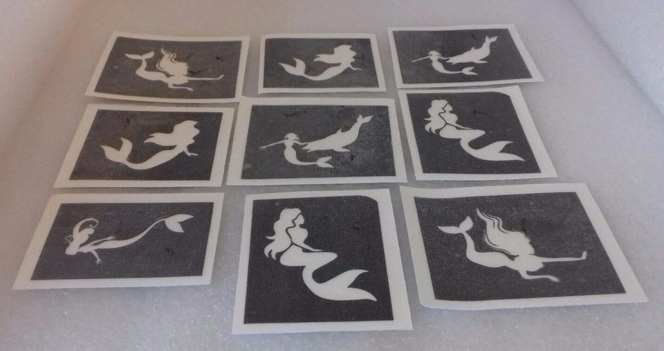 DAZZLE GLITTER TATTOOS 30 x Mermaid stencils for glitter tattoos / airbrush / face painting Ariel