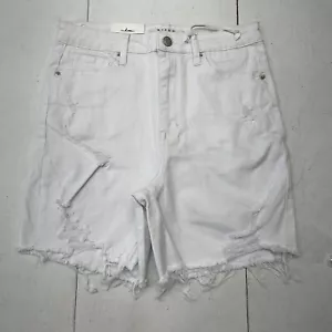 Risen White High-Rise Distressed Mid Thigh Shorts Raw Frayed Hem Women’s L NEW - Picture 1 of 9
