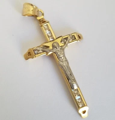 14k yellow Gold Jesus Crucifix Cross Pendant charm square stones 1.45 inch long - Image 1 of 4