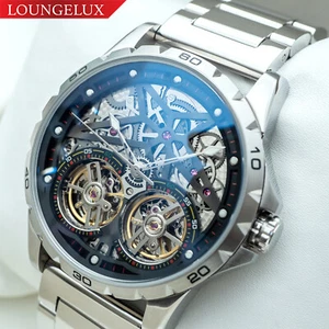 Mens Double Flywheel Automatic Mechanical Watch Silver Black Stainless Steel - Picture 1 of 12