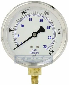 LIQUID FILLED PRESSURE GAUGE 0-500 PSI, 4" FACE, 1/4" LOWER MOUNT - Picture 1 of 2