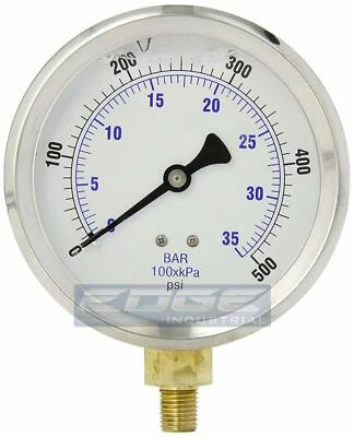 LIQUID FILLED PRESSURE GAUGE 0-500 PSI, 4" FACE, 1/4" LOWER MOUNT - Image 1 of 2