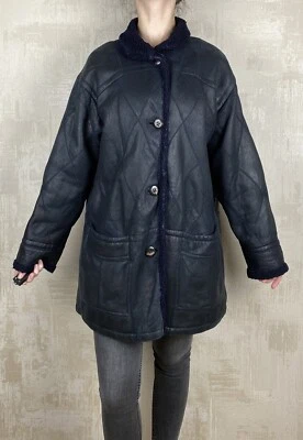 Christ Vintage Dark Blue Leather Wool Lined Women's Sheepskin Coat Size 38 - Image 1 of 4