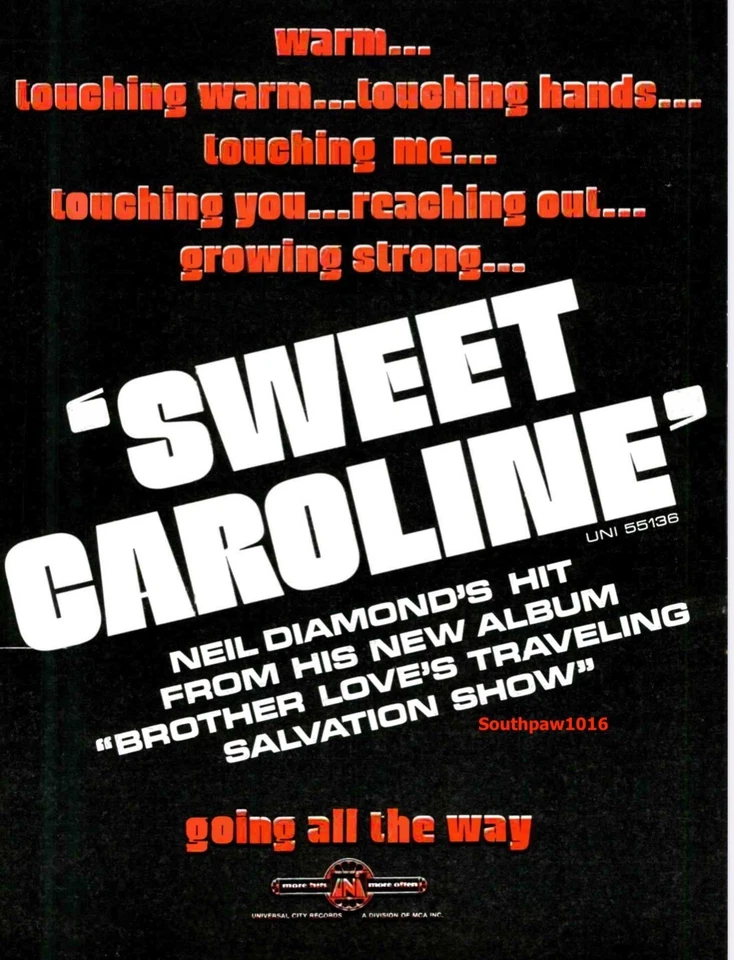 1969 Neil Diamond "Sweet Caroline" Song Release Music Industry Promo Reprint Ad - Image 1 of 1