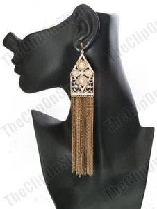 CLIP ON 17cm long fringe RETRO ornate EARRINGS antique filigree crystal pearl - Picture 1 of 5