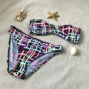 Asos Women's SZ 6 2pc Multicolor Black Pink Green Abstract Print Bandeau Bikini  - Picture 1 of 3