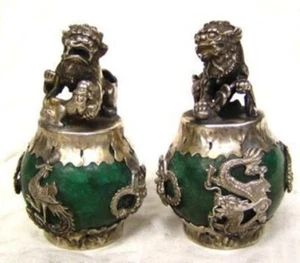 tibet silver Old Jade Carving Figures Dragon Phoenix lion foo dog Statue - Picture 1 of 2