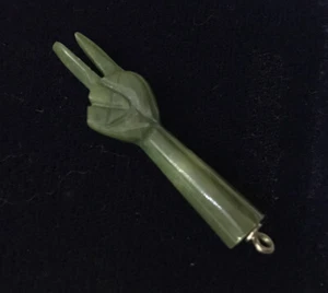 Sterling Silver 925 Jade Jadeite Carved Peace V Sign Victory Hand Charm Pendant - Picture 1 of 12