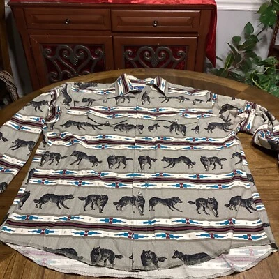 Vintage Wrangler Shirt Men Xl Grey Animal Print Long Sleeve Pearl Snap Wolf RARE - Image 1 of 4