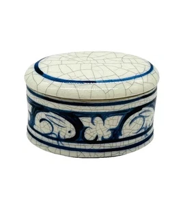 Vintage Keramik Schuppen Dedham kleine ovale Schmuckschatulle mit Hase blau/weiße Glasur - Bild 1 von 11