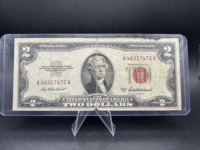💵 1953A $2 Red Seal Legal Tender • Jefferson Monticello Note ❤️ A46317472A - Image 1 of 2