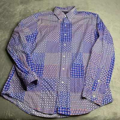 Polo Ralph Lauren 佩斯利衬衫男式 XL 定制合身纽扣长袖蓝色 — 第 1/4 张图片