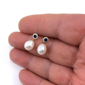 14K Yellow Gold Drop Earrings | Pearls | Sapphires & Cubic Zirconia | EL GRECO - Picture 1 of 7