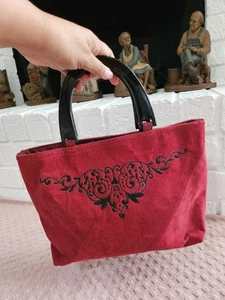 Vintage Red Corduroy Black Embroidered Hand Bag Top Plastic Handle - Picture 1 of 9