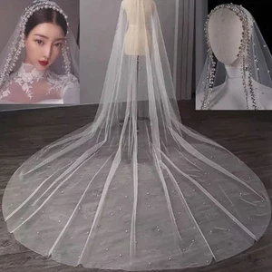Wedding Veils Pearls Beading Cathedral Length Rhinestone 1 Tier Bridal Veils - Picture 1 of 22