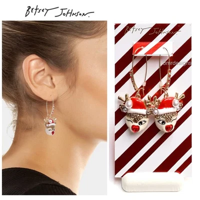 NWT Betsey Johnson SANTA BABY REINDEER Gold Tone Glass Crystals Drop Earrings - Image 1 of 4