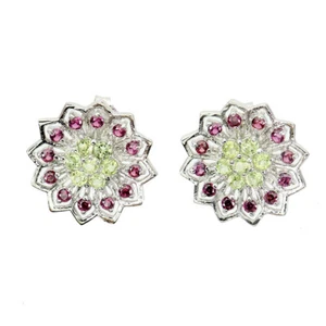 925 Sterling Silver Earrings Round Peridot Rhodolite Garnet Gemstone Jewelry - Picture 1 of 9