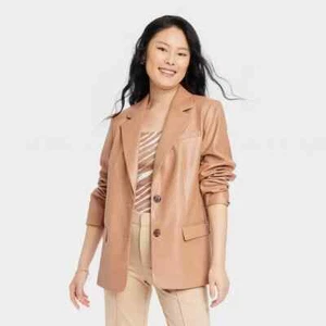A New Day Blazer Womens Size Medium Faux Leather Brown Relaxed Fit Jacket NWT - Picture 1 of 11