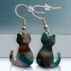 (E25) RETRO CAT EARRINGS TURQUOISE/BROWN/WHITE SILVER PLATED EARWIRES