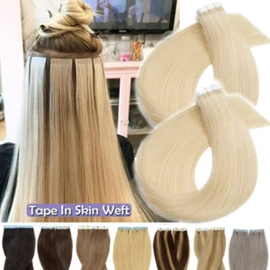 Invisible Tape In Hair Extensions 100% Real Remy Human Hair Skin Weft 150g 60pcs - Picture 1 of 96