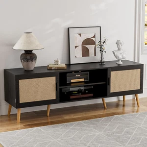 TV Stand for Tvs up to 65'', Entertainment Center with Rattan Door, Shelves & 2 - Picture 1 of 7