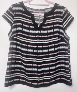 M&S WOMAN Black Taupe Red Stripe Linen Flax Blend Top Size UK 16 - Picture 1 of 5
