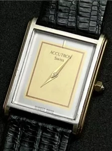 New 1982 ACCUTRON Bulova Tank Men’s 32mm Slim Quartz Watch Gold Steel 7j Swiss - Picture 1 of 20