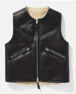 Gilet uomo nero shearling senza maniche pelle di pecora naturale senza colletto - Foto 1 di 2