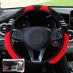 1x Car Steering Wheel Cover Plush Soft Non Slip Car Accessories Red For 15"/38cm
