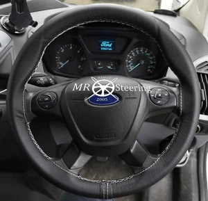 FOR FORD TRANSIT CUSTOM VAN 13+ BLACK LEATHER STEERING WHEEL COVER WHITE STITCH - Picture 1 of 6