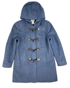 LL Bean Hooded Duffel Toggle Coat Womens M Petite Blue Wool - Picture 1 of 14
