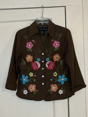 Jaqueta feminina Silkland S marrom floral 100% seda forrada com botões mangas 3/4 *como está - Imagem 1 de 4