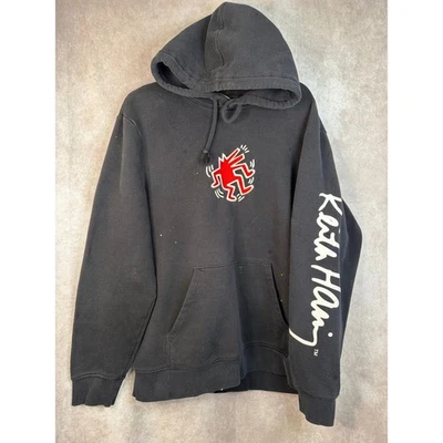 H&M Keith Haring Sudadera con Capucha Negra Ladrando Perro Rojo Bailando Figuras Arte Talla L LEER Foto 1 de 4