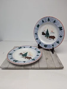 Hudson Bay 1999 Speiseteller 2er Set Vintage Schwammfarbe Weihnachtsbäume Hütte - Bild 1 von 7