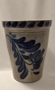 1999 DAVID ELDRETH Art Pottery SALT GLAZE Crock 6.5" Blue Leaves - Picture 1 of 13