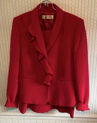 Tahari женщин 2 ПК костюм - красный, размер 10, кнопки, оборки, с подкладкой, длинным рукавом EUC!! - Изображение 1 из 4