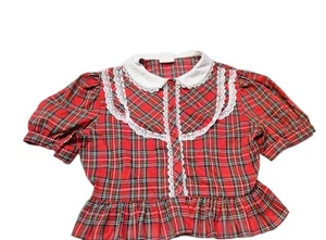 Parte inferior elástica a cuadros roja con encaje de los 80 Kim Stacy Girls talla 16 1/2 Pretty Plus de colección - Imagen 1 de 8